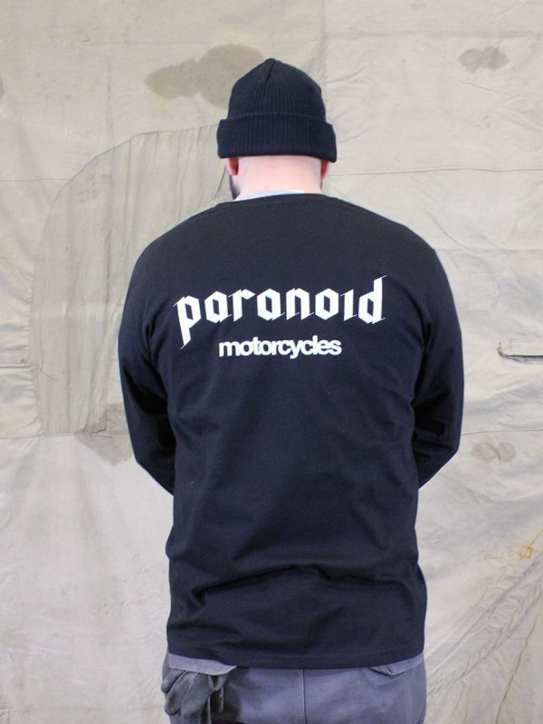 Paranoid Motorcycles - Long sleeve 140 g – soft jersey – classic fit.100% organic cotton – 40° washable. printed handmade. black t-shirt for men.
