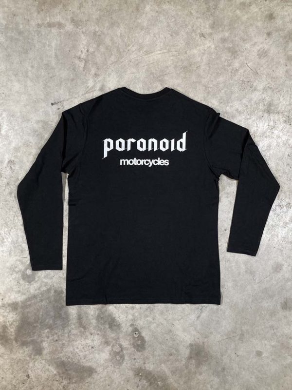 Paranoid Motorcycles - Long sleeve 140 g – soft jersey – classic fit.100% organic cotton – 40° washable. printed handmade. black t-shirt for men.