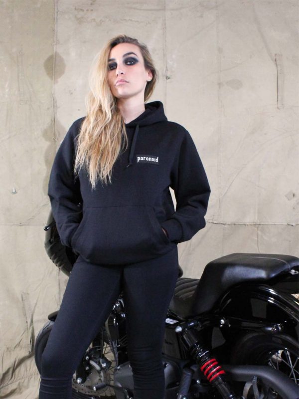 Paranoid Motorcycles - 280g – ring spun cotton.80% cotton 20% polyester – 40° washable.printed handmade.Really comfortable. black hoodie women