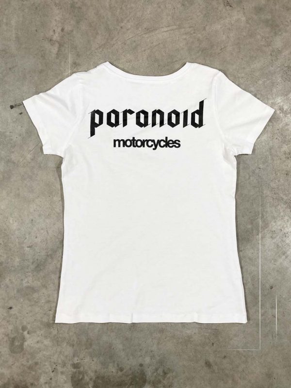 Paranoid Motorcycles - 175g – soft jersey – classic fit.100% organic cotton – 40° washable.printed handmade. white t-shirt women with black print