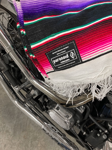 Paranoid Motorcycles - Genuine Mexican serape, handmade in Chipas with a black background, Most probably in Acrylic. 1,50 x 2,10 m